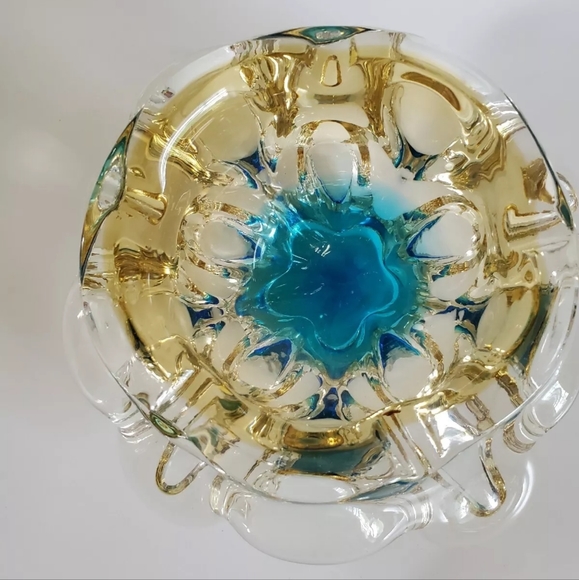 Vintage Murano glass bowl ashtray dish Vibrant Aqua blue center unique d… - Picture 2 of 9
